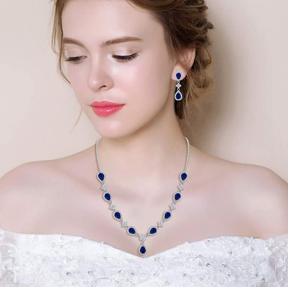 Women's Silver Tone CZ Teardrop Flower V-Necklace Sets - Picture 2 of 6